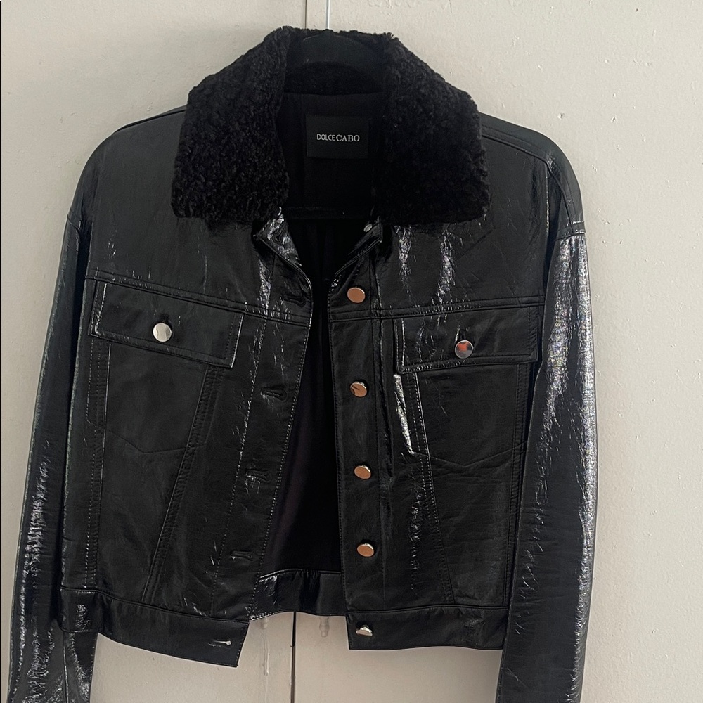 Dolce Cabo Shiny Black Jacket with Plush Collar